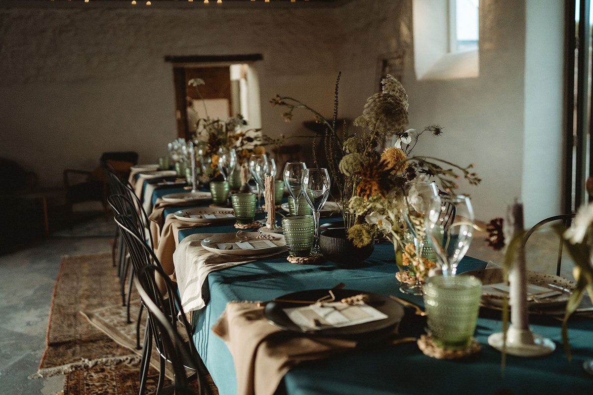 Wedding table dinner styling for small mini micro wedding at the Cow Shed Crail 