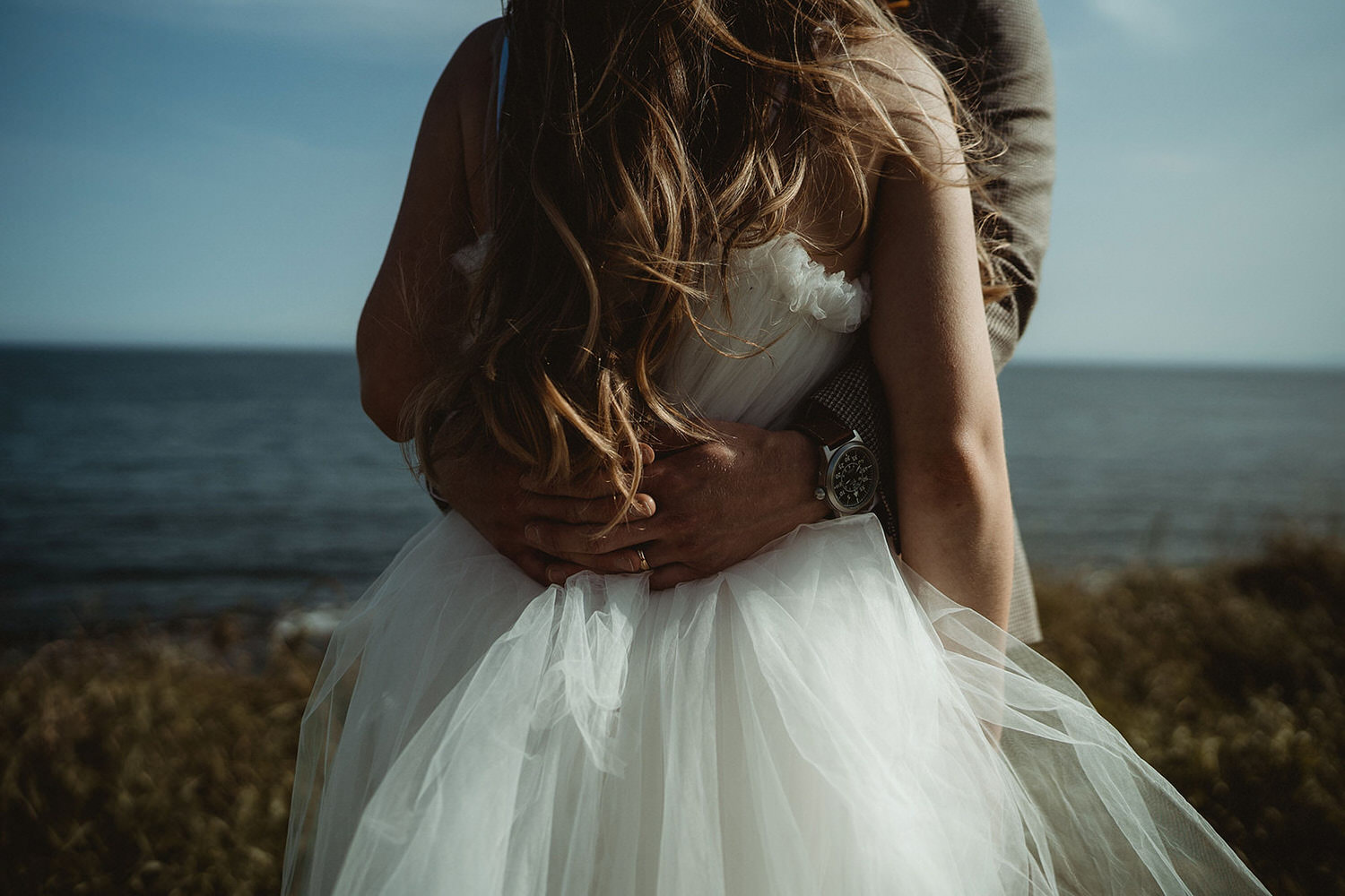 Tulle dress for a seaside elopement on the East Coast of Scotland at the Cow Shed Crail